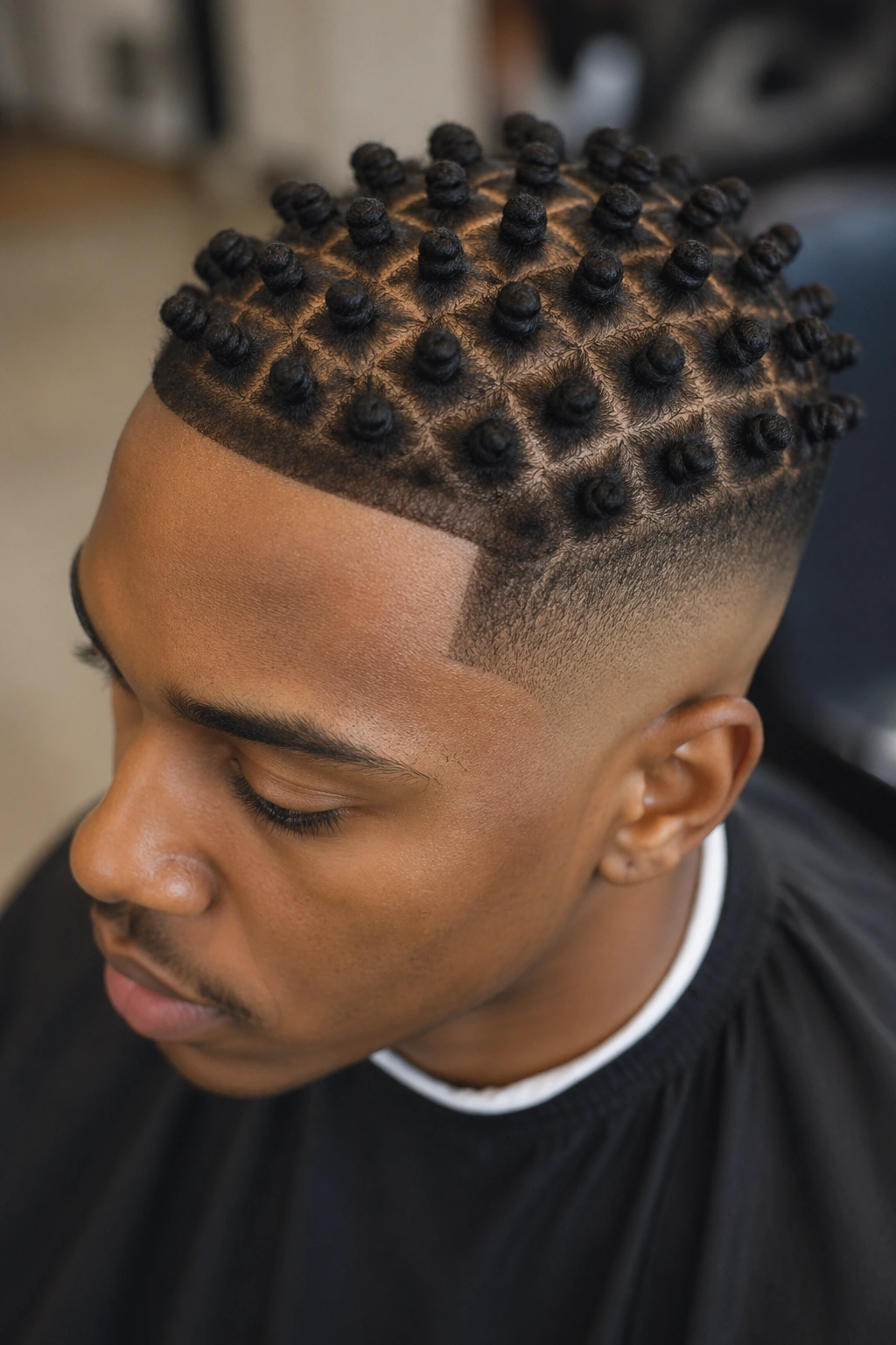 Close-up of a real person with Tiny Grid Knots and a Sharp Temple Fade