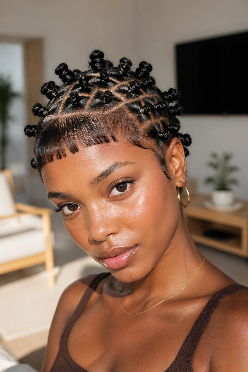 Close-up of a real person with tiny knot grid and micro bangs