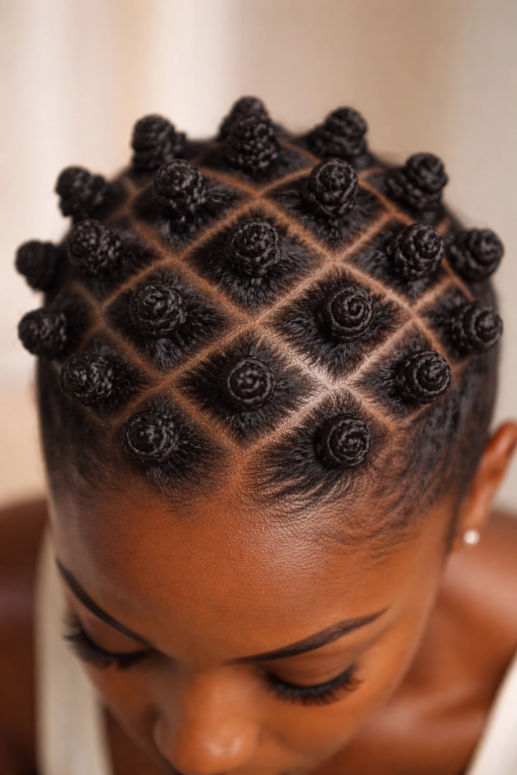 Extreme close-up of tiny mini Bantu knots forming a detailed pattern on 4C hair