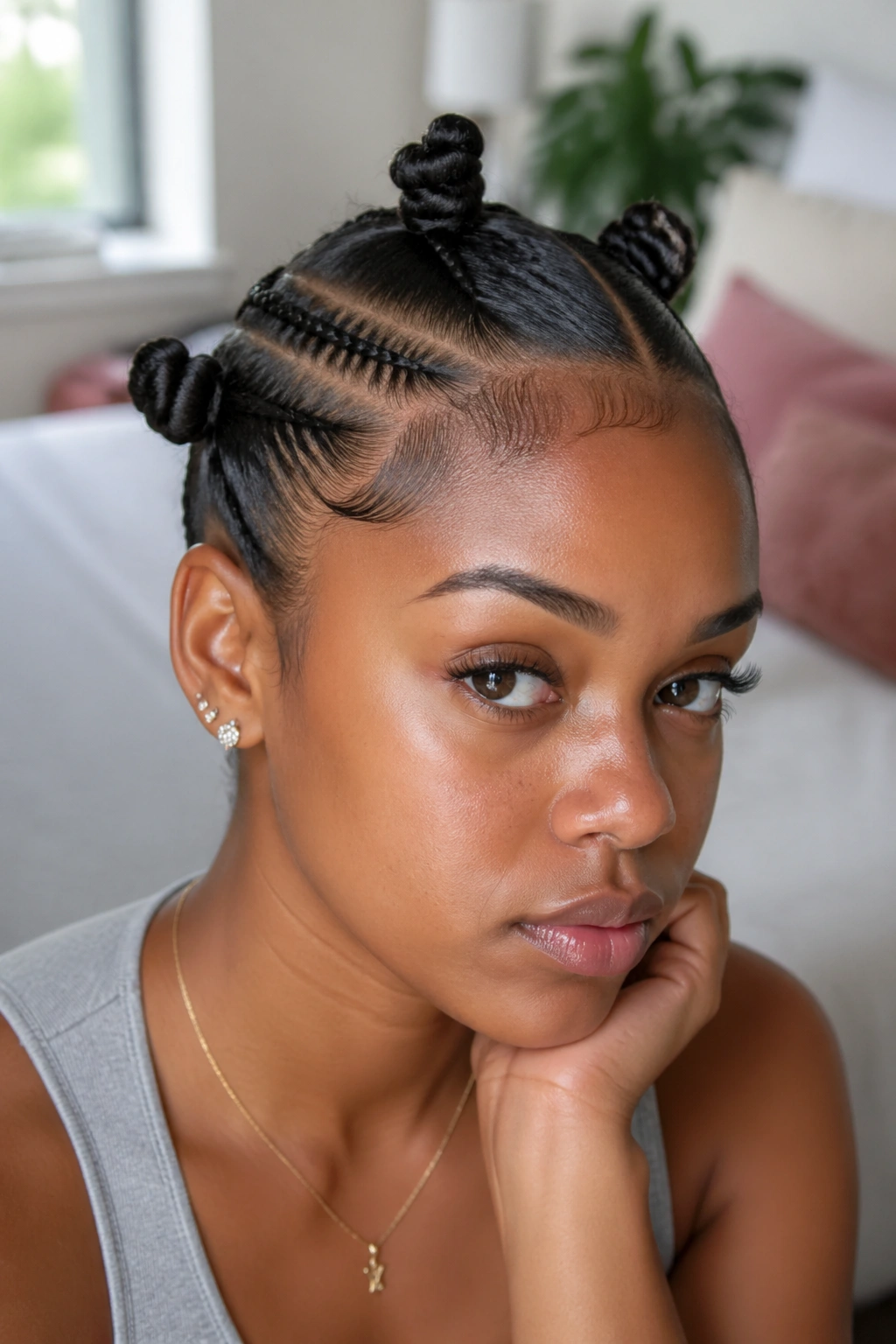 Close-up of four tiny knots and slicked edges hairstyle on a real person