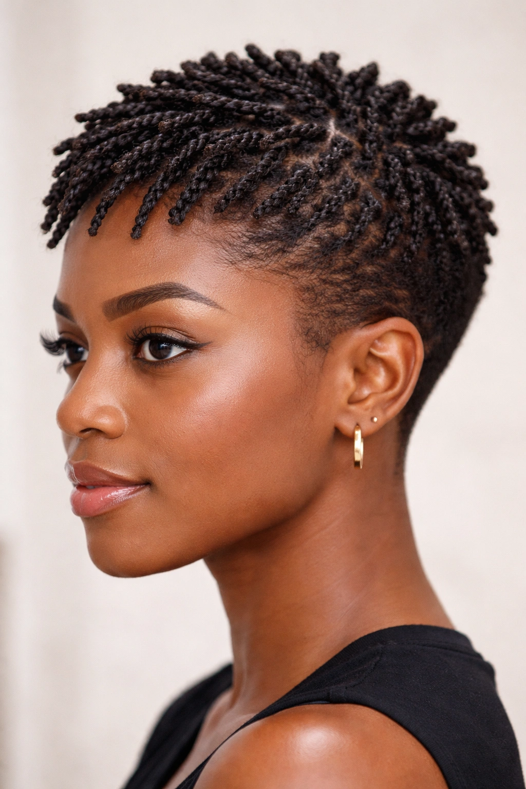 Close-up of tiny two-strand twists on a tapered TWA showing micro-twist pattern