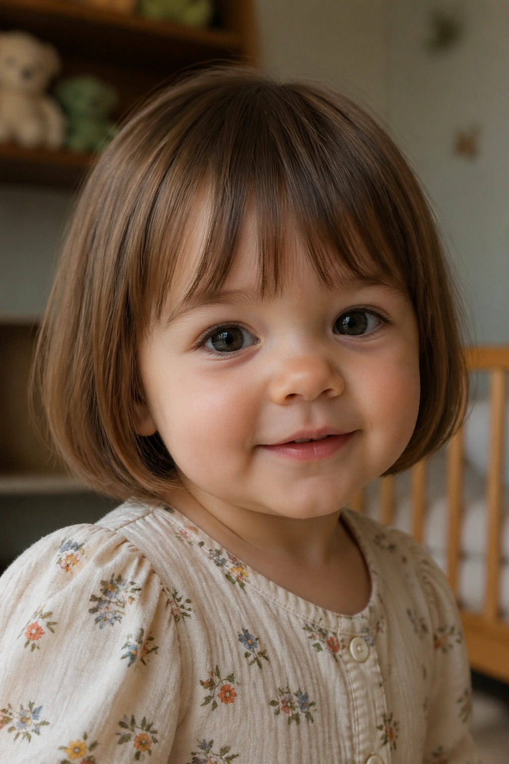 Close-up of toddler with mini bob and soft fringe