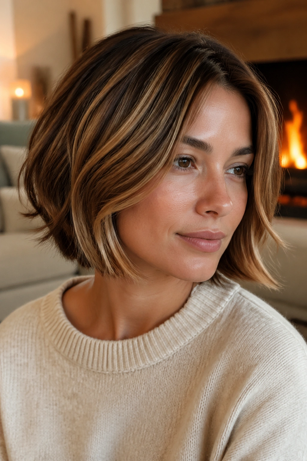 Real woman with toffee balayage on a feathered bob, warm brown-gold tones.