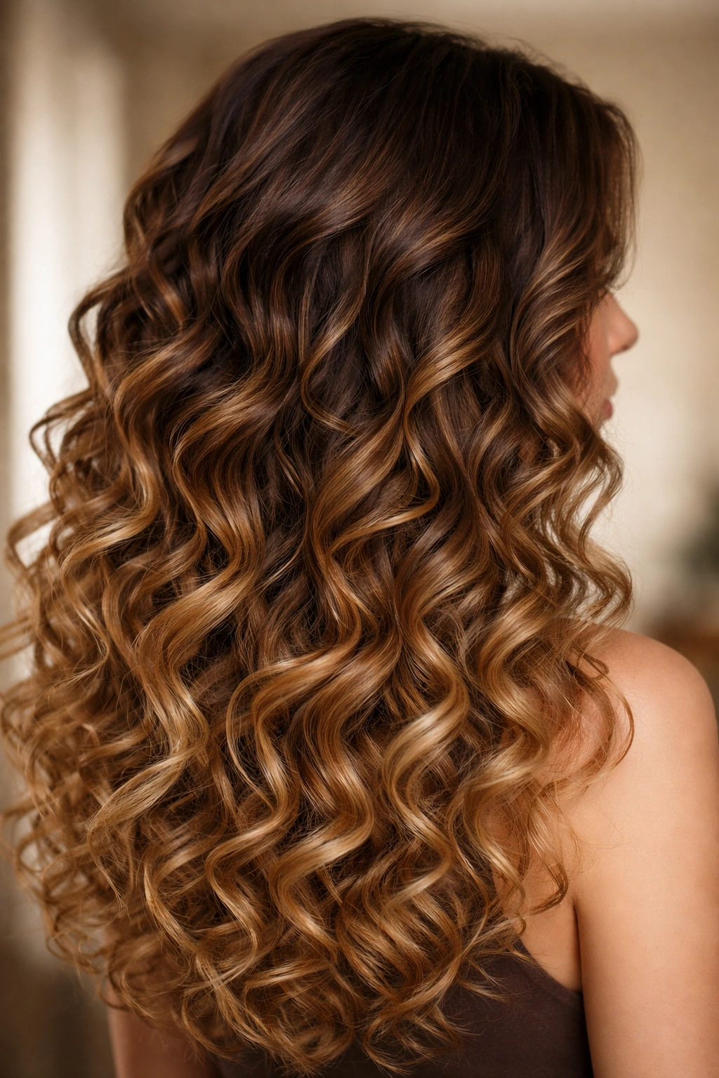 Close-up of curls in toffee ombre gradient from dark roots to beige ends