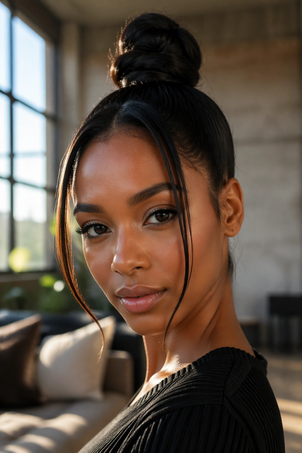 Close-up of a woman with a straight topknot and loose front pieces framing the face