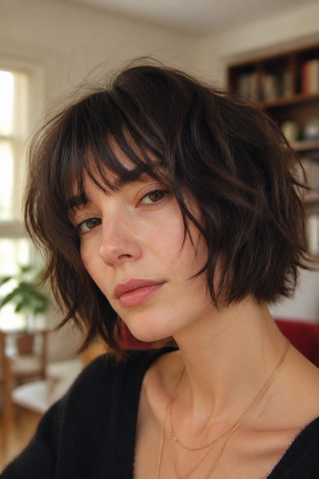 Close-up of a real person with a tousled French bob wolf cut and bottleneck bangs