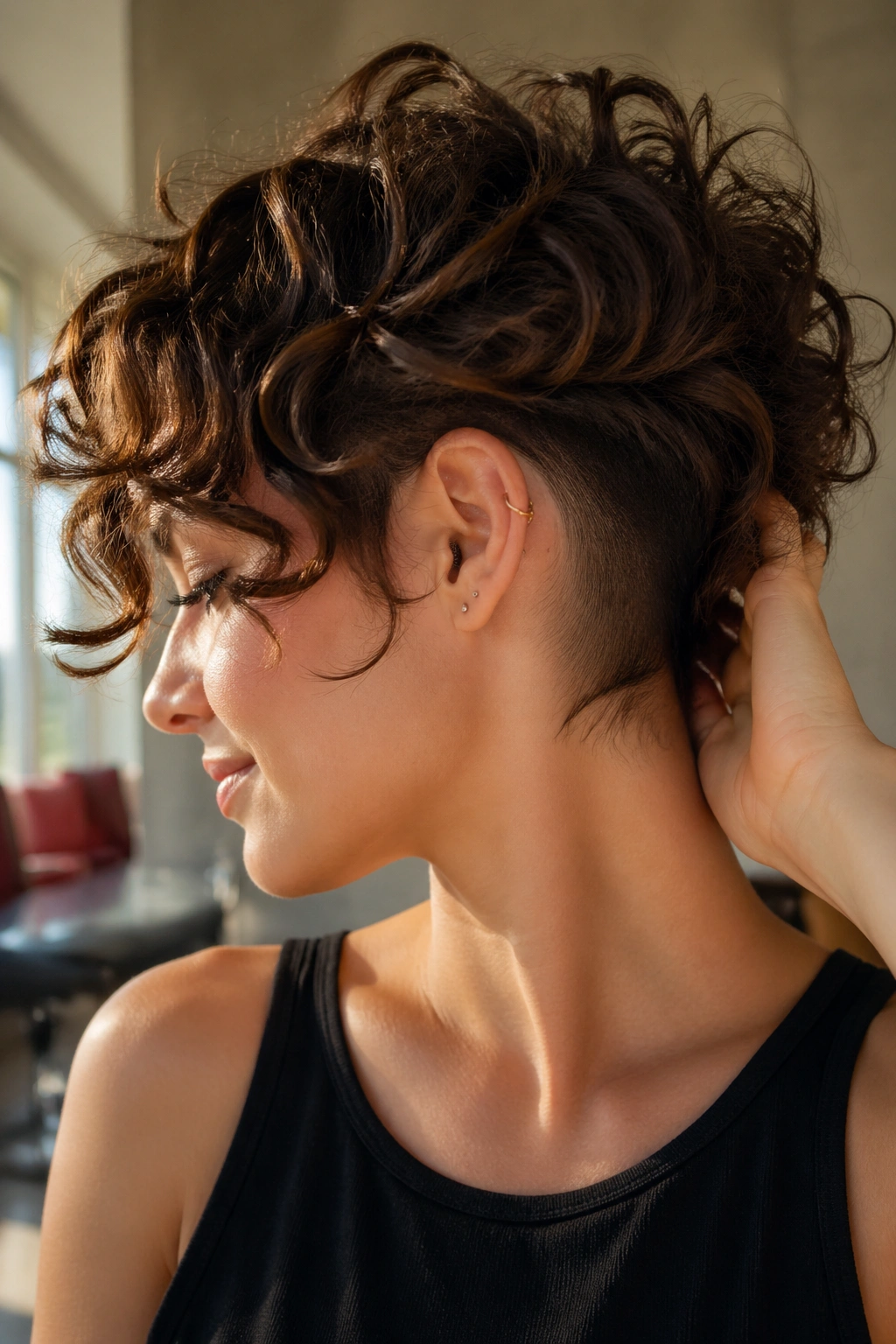 Close-up of real woman with tousled curly bob and hidden undercut at the nape