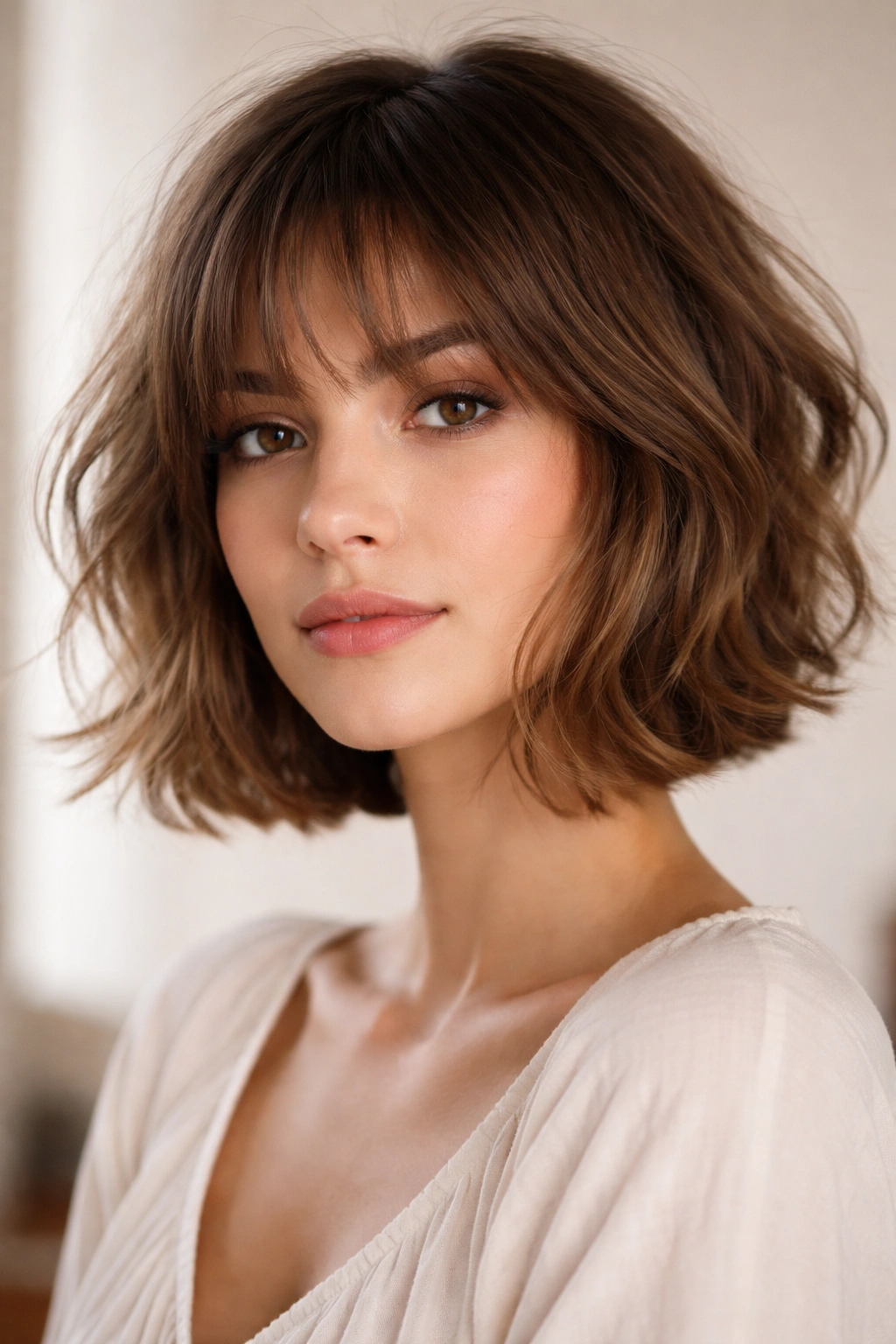 Tousled Parisian bob with soft eyebrow bangs showing subtle movement and relaxed volume.