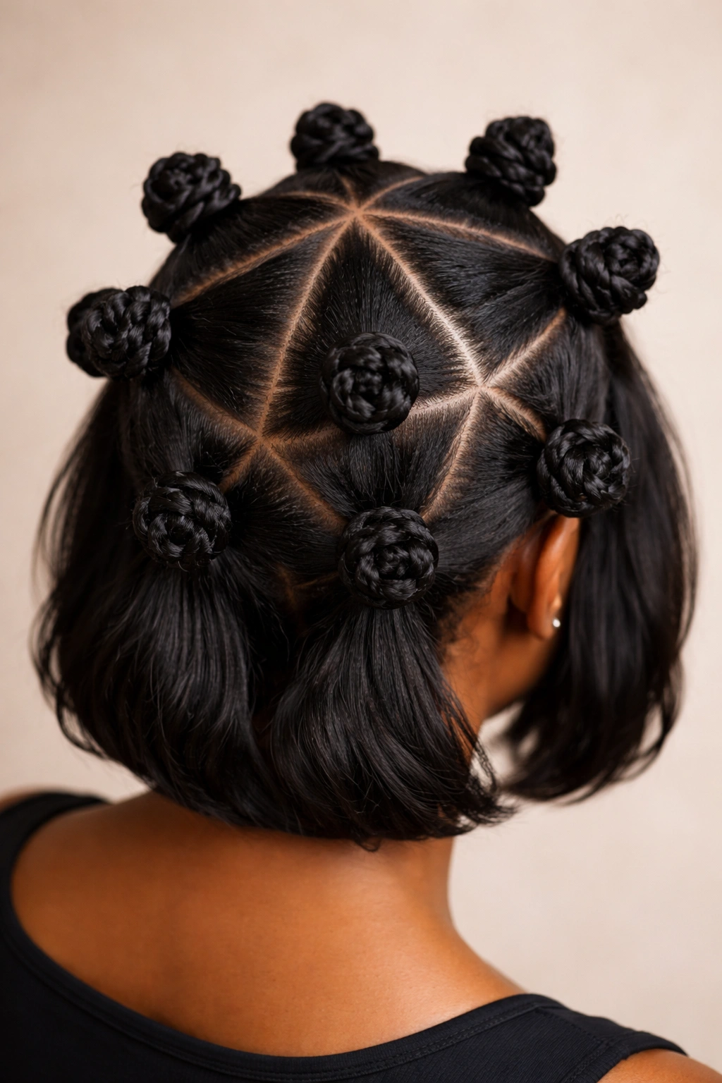 Close-up of triangle-part Bantu knots on crown with sharp geometry