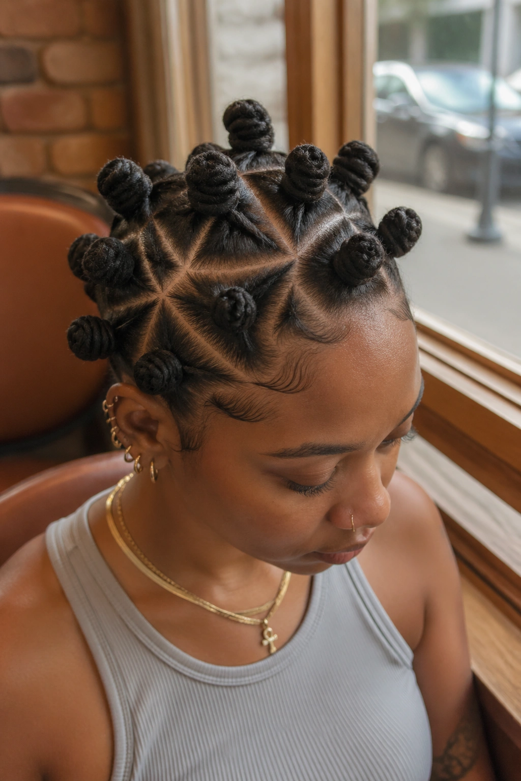 Close-up of a real person with triangle-part Bantu knots.
