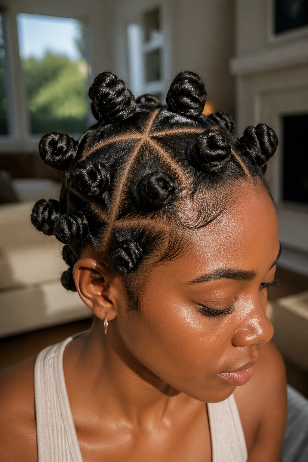 Portrait of a real woman with triangle-parted Bantu knots on scalp