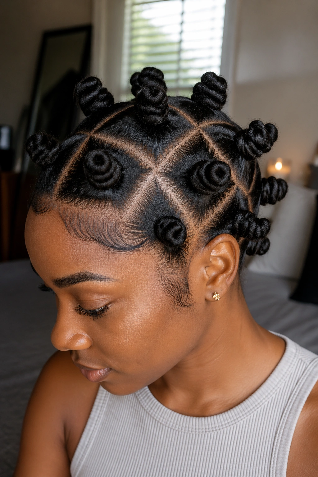 Close-up portrait of a real person with triangle-part medium Bantu knots