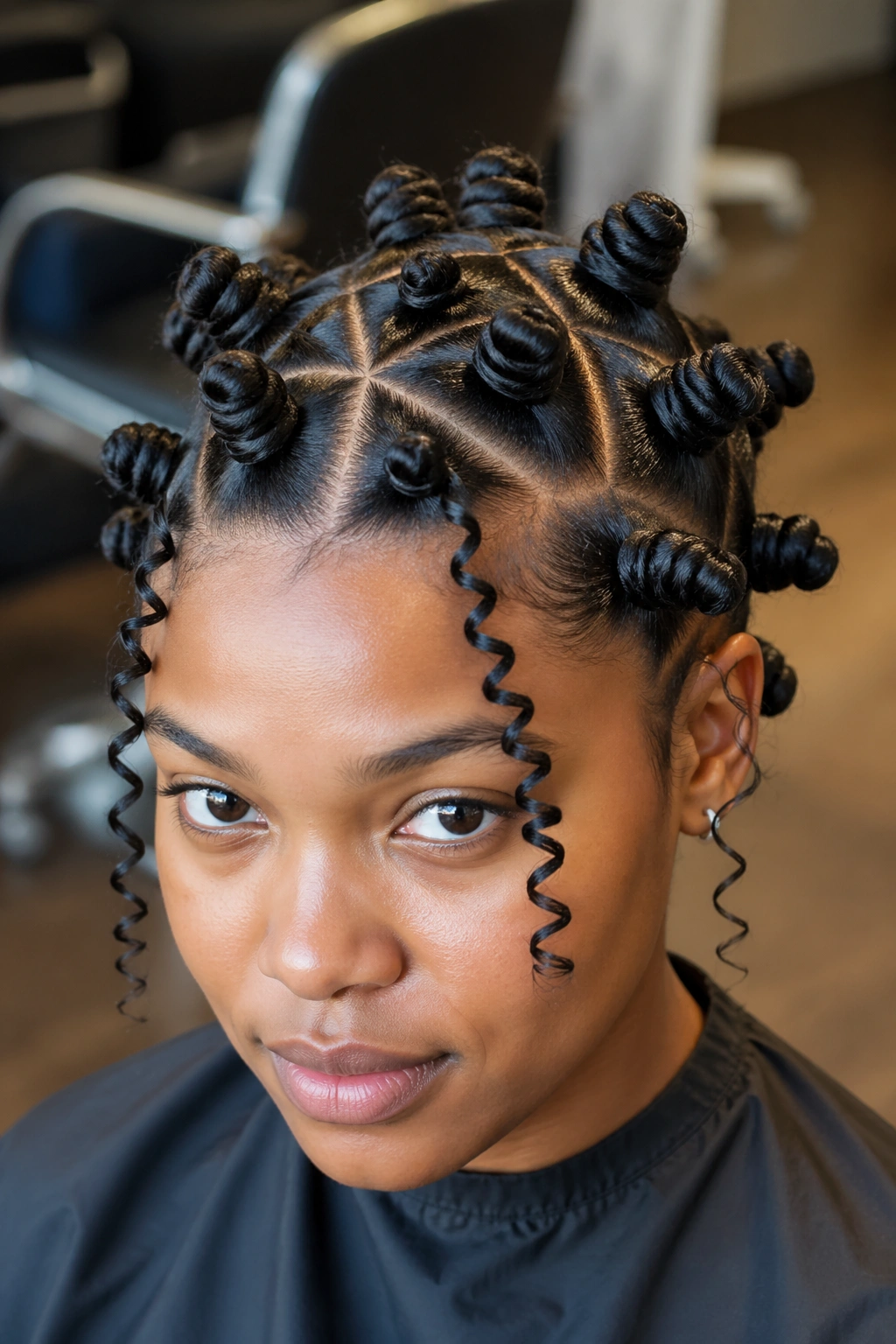 Close-up of triangle-part Bantu knots with defined ringlets on a real person