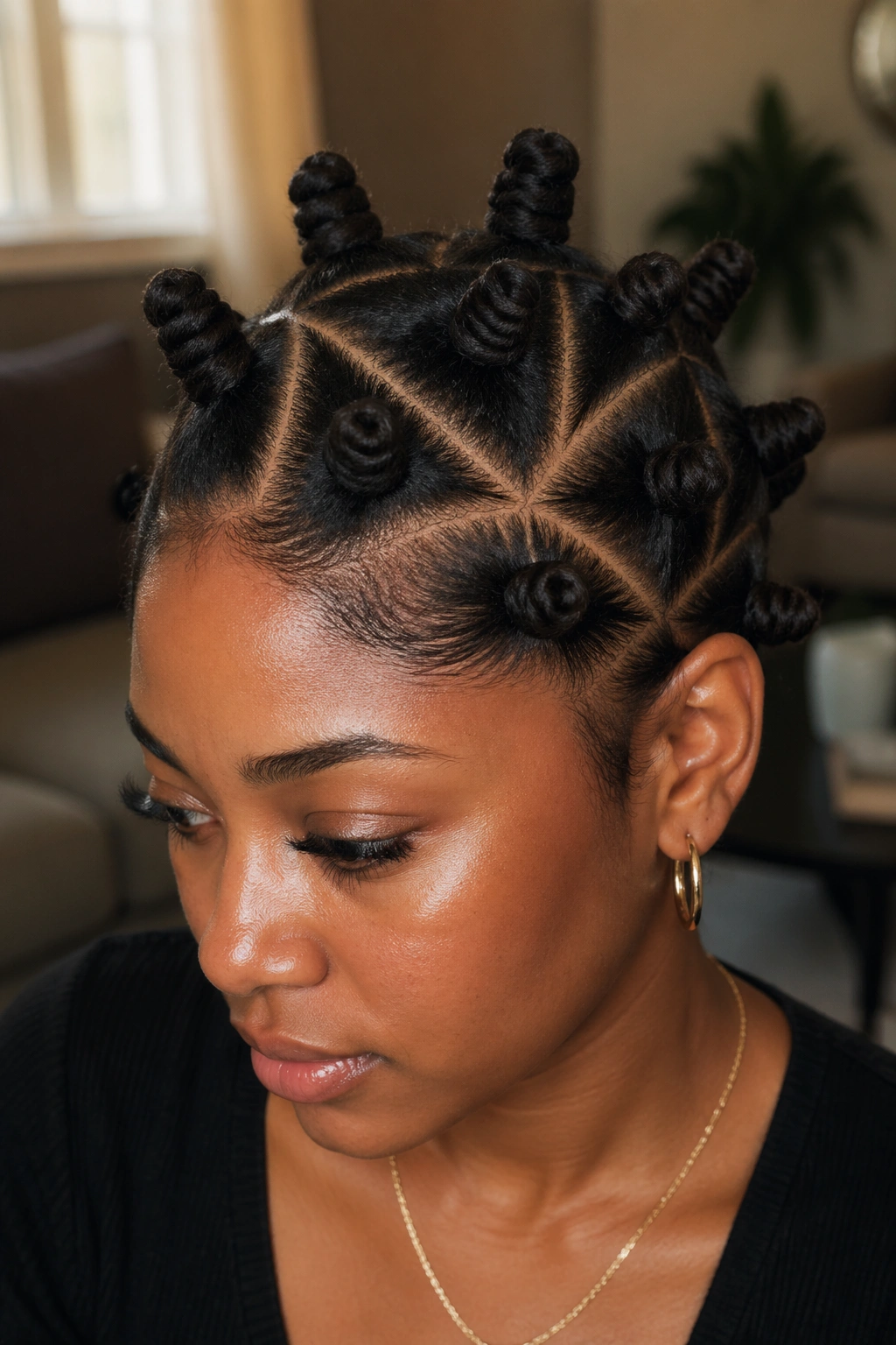 Close-up of a real woman's short natural hair featuring triangle-part Bantu knots