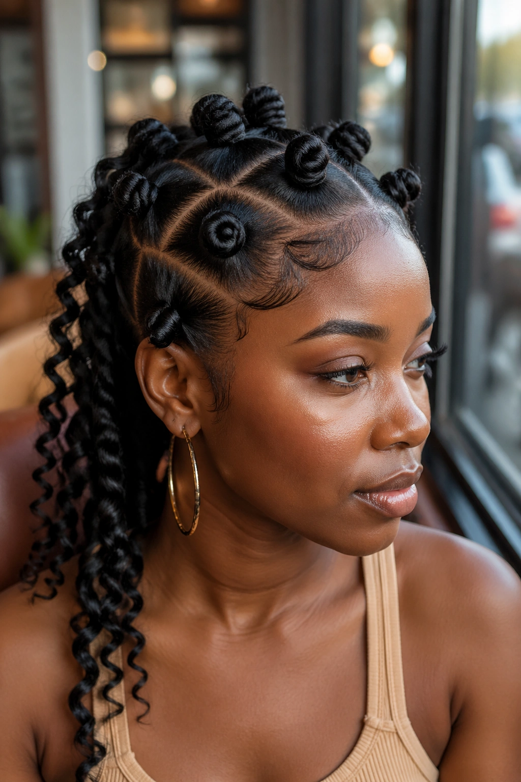 Portrait of a woman with triangle-part Bantu knots and zigzag back curls in a cafe setting.