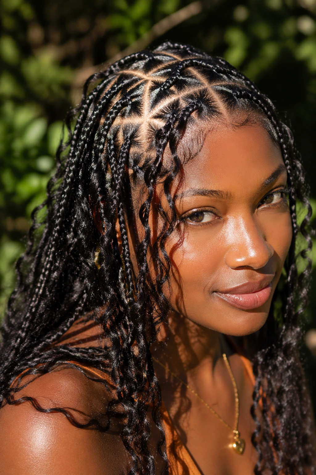 Front close-up of a real woman with triangle-part boho braids and loose curls.