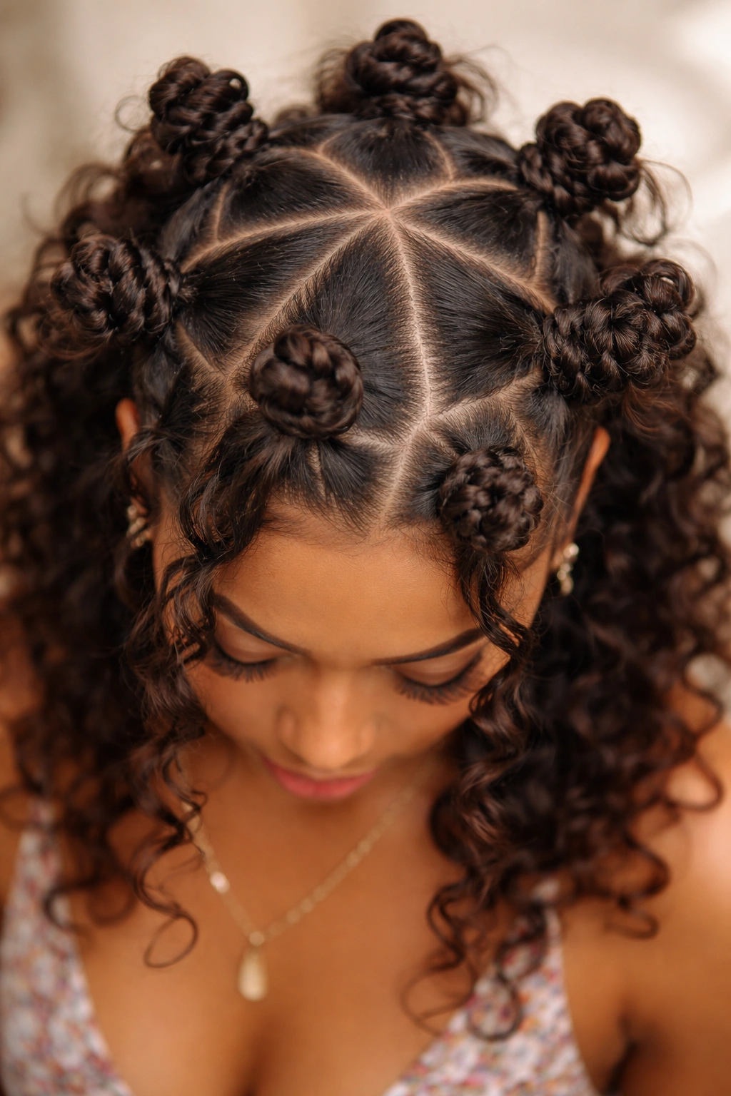 Top-down triangle-part boho knots on scalp