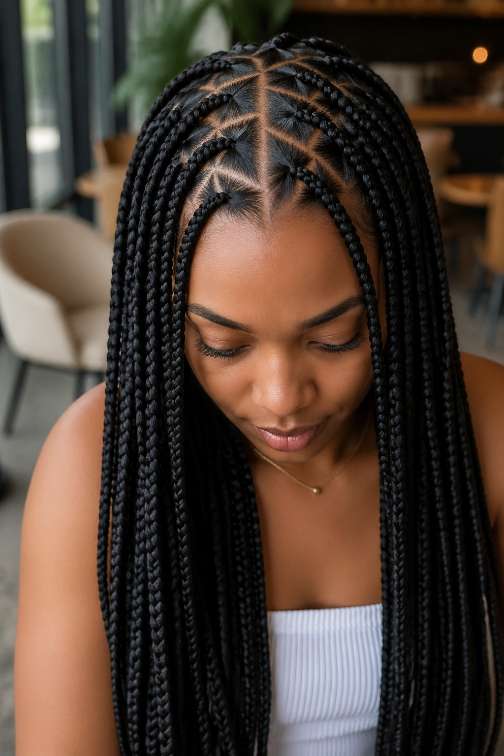 Close-up portrait of a real person with triangle-part box braids in a cafe setting