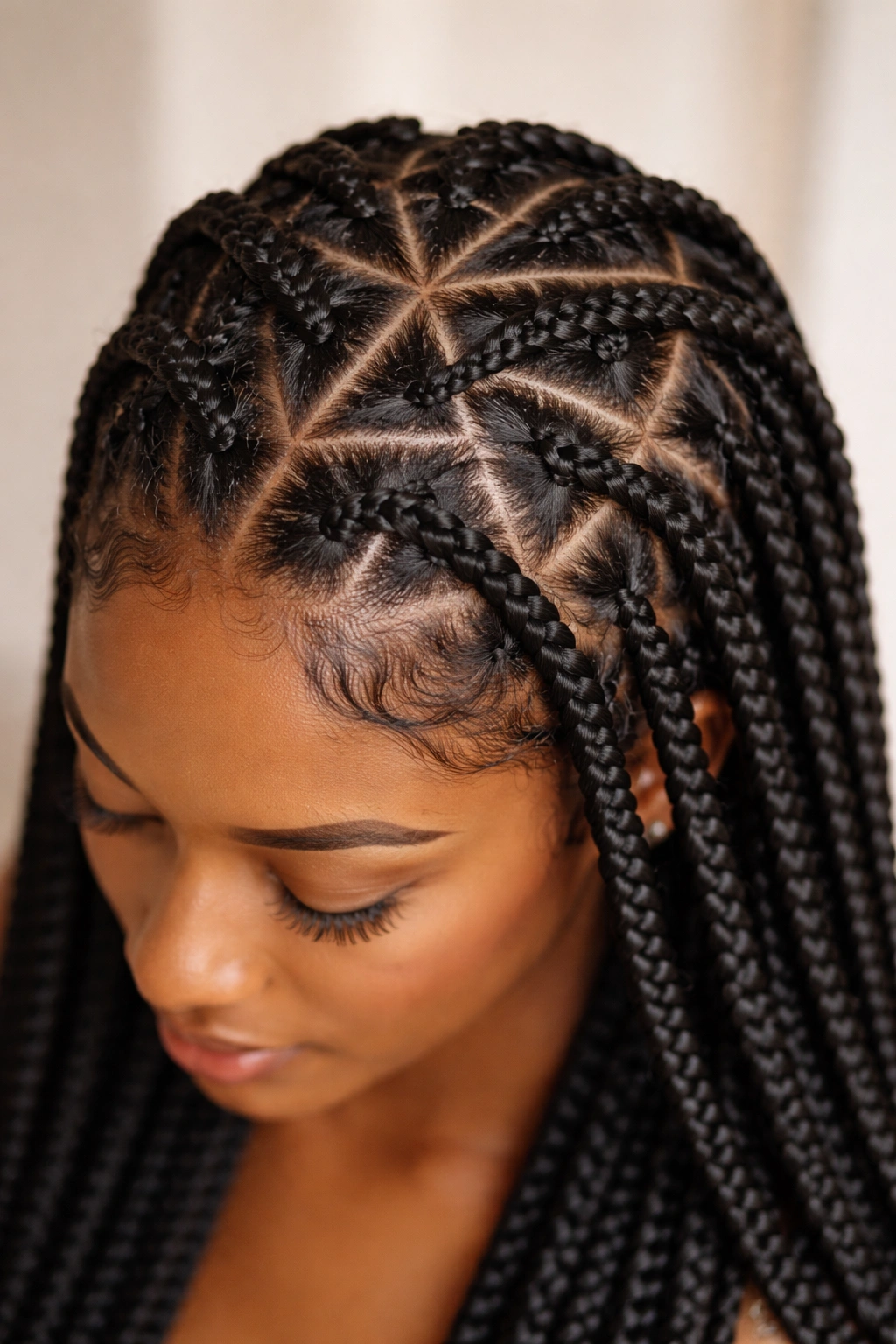 Close-up of triangle-part braids showing geometric triangle parts on natural hair