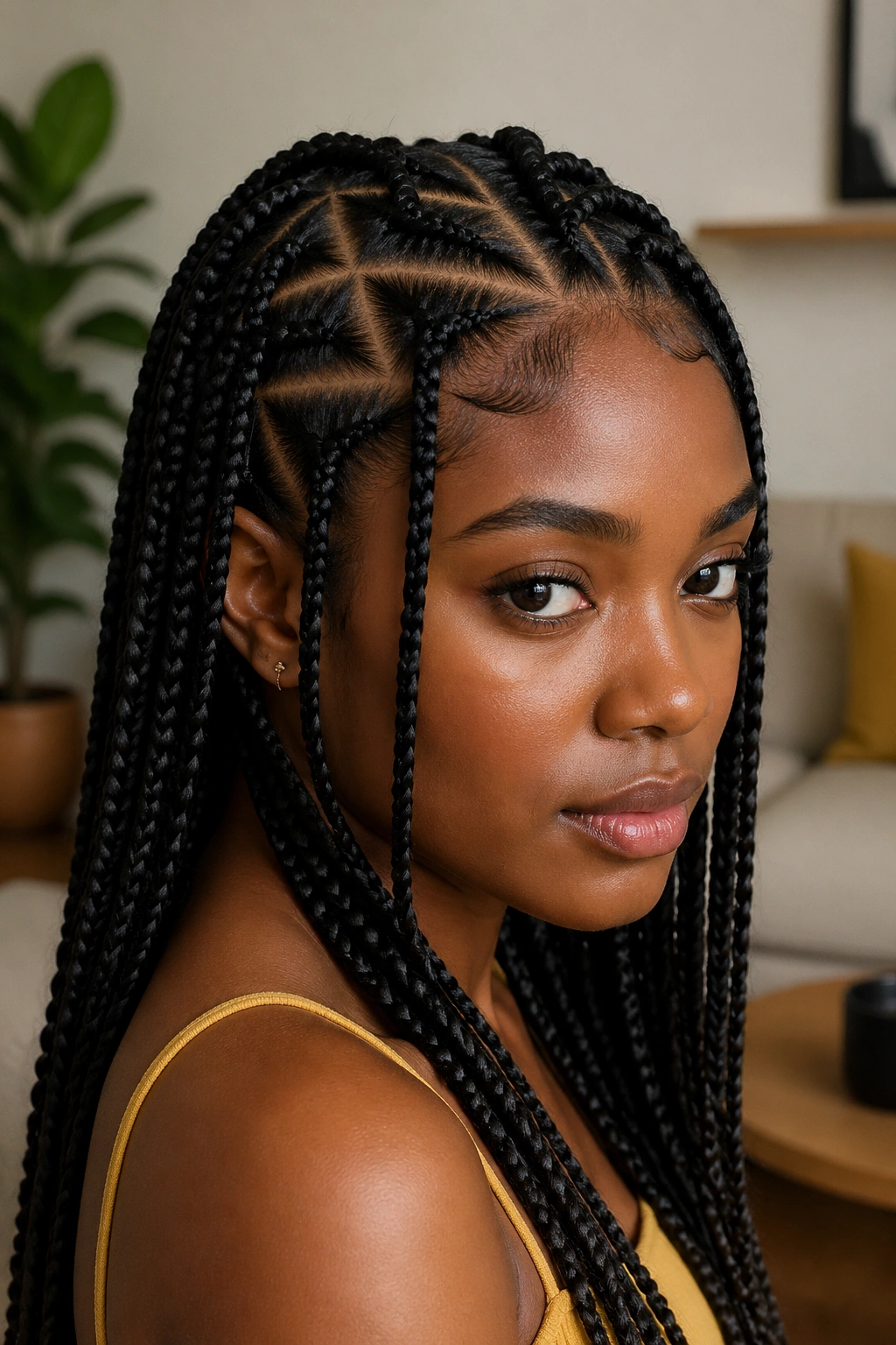 Close-up of a woman with triangle-part braids showing angular parts