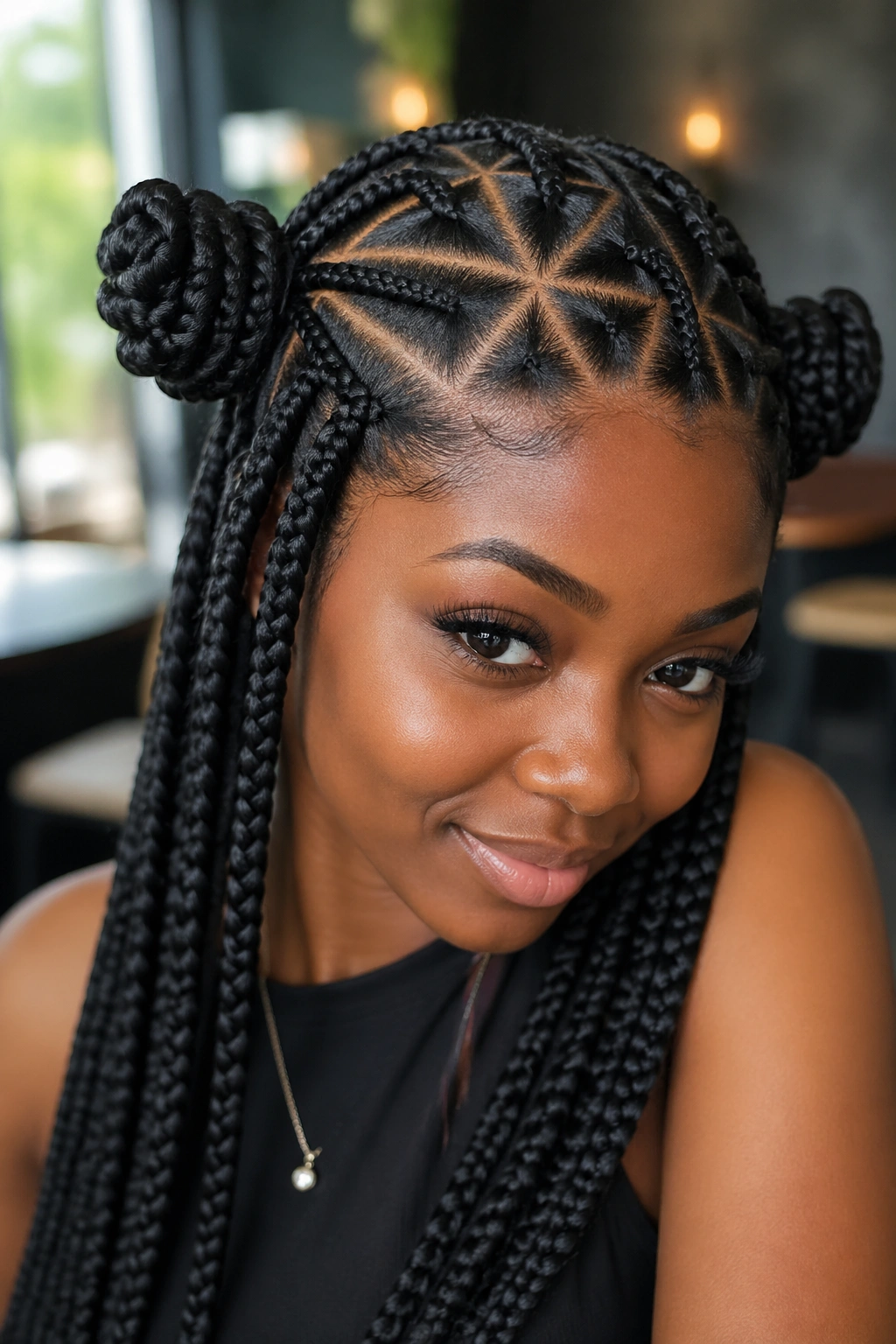 Real person with triangle-part stitches and side Bantu knots