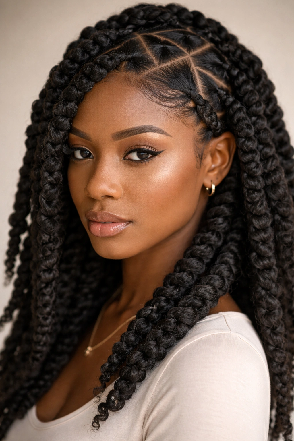 Triangle-part bulk twists with angled scalp parts on Afro-textured hair