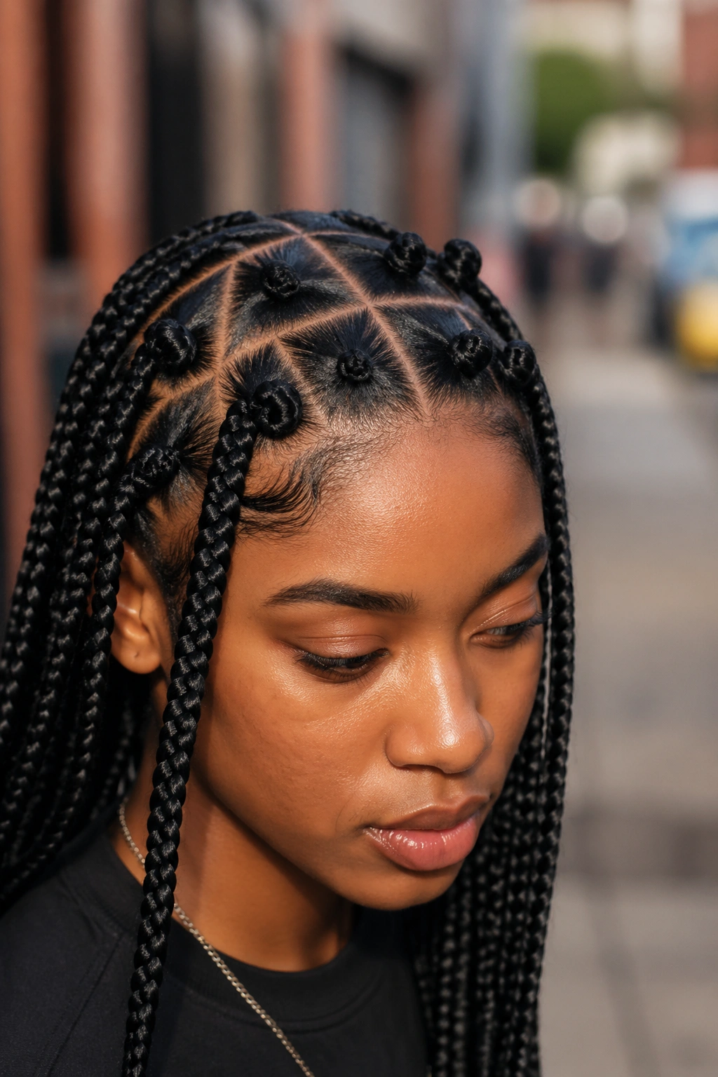 Close-up of a real woman with triangle-part Fulani braids and low-set knots