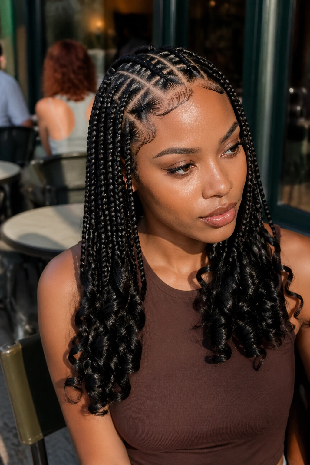 Portrait of a real woman with triangle-part knotless braids and slick curly ends.