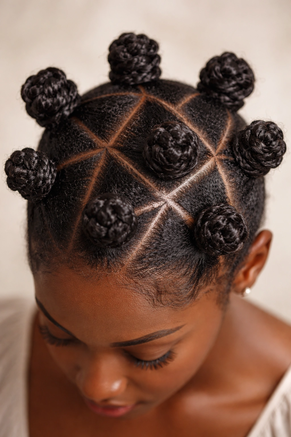 Top-down view of triangle-part Bantu knots showing crisp geometry