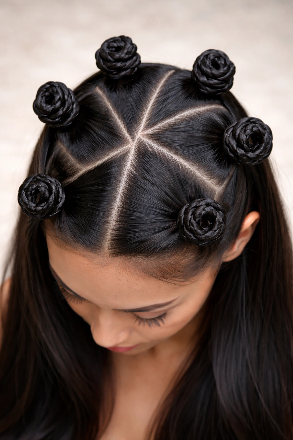 Top-down view of triangle-part Bantu knots on straight hair