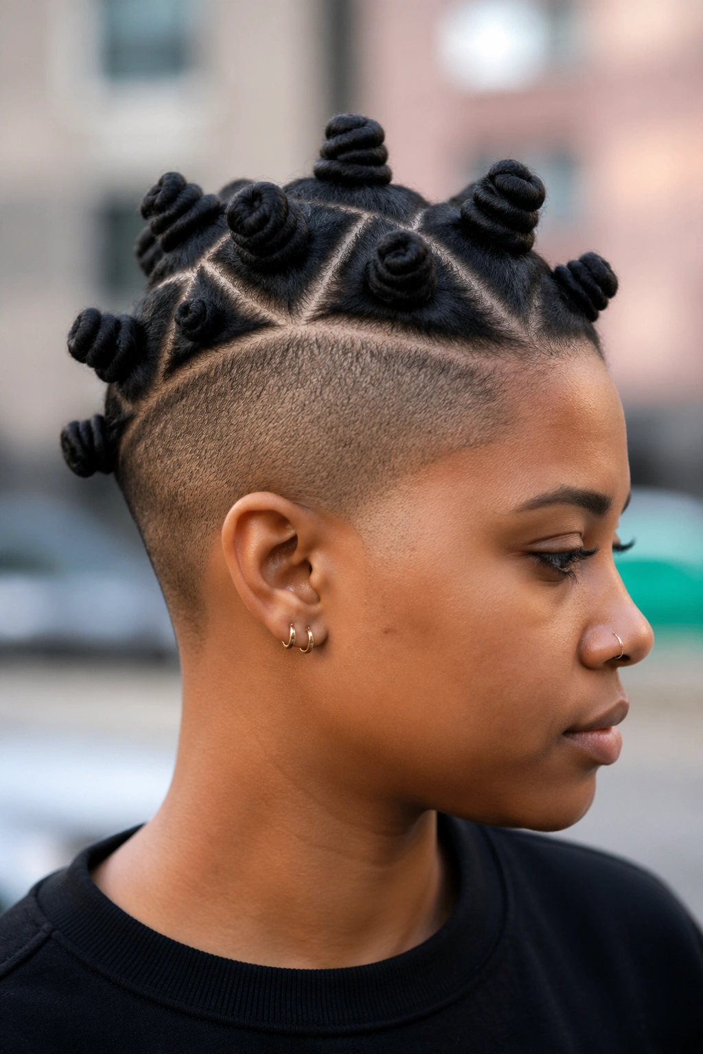 Close-up of a real person with Triangle-Part Knots and Bare Sides