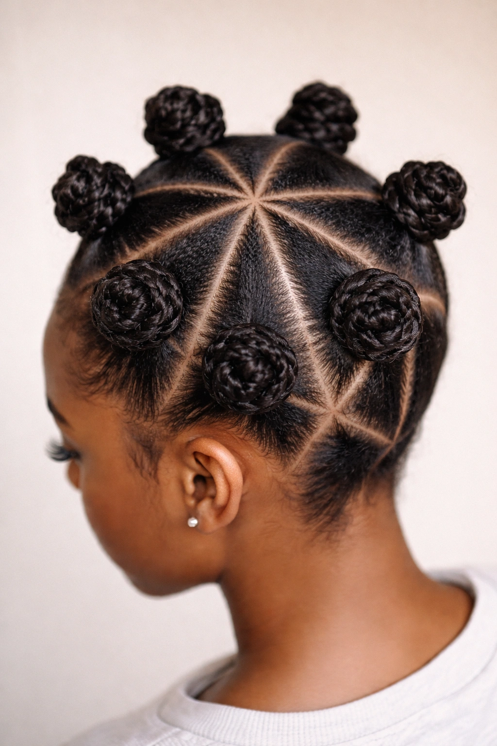 Close-up of triangle-part Bantu knots showing sharp pattern on scalp