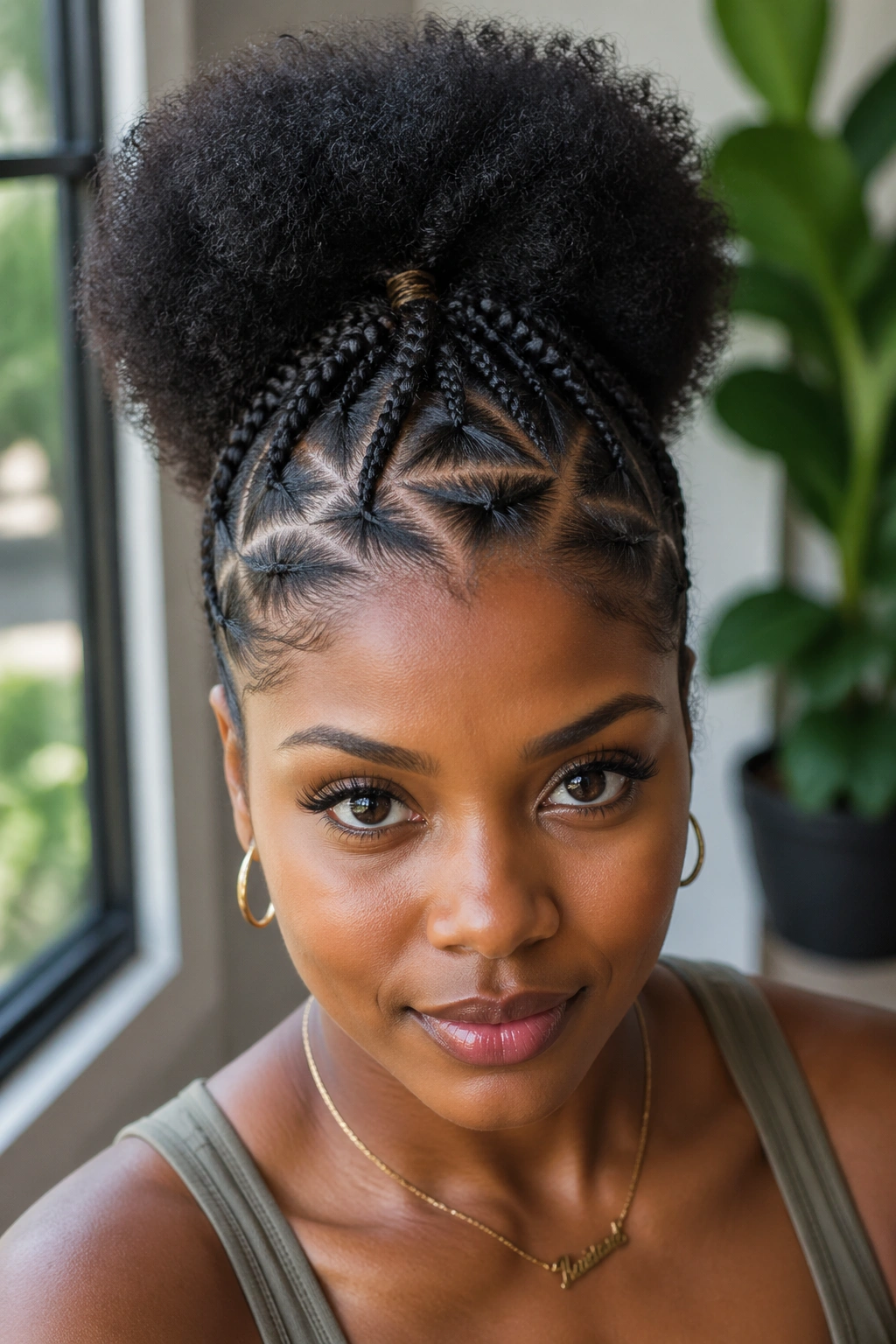 Real woman with triangle-part braids framing a puff, geometric scalp parts visible
