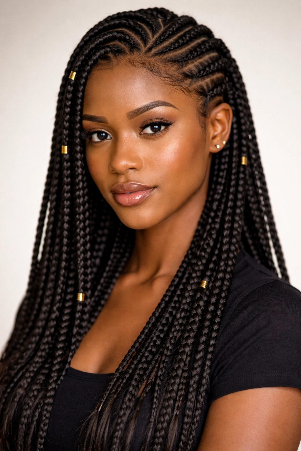 Head-and-shoulders portrait of tribal braids with front cornrows and back hanging braids