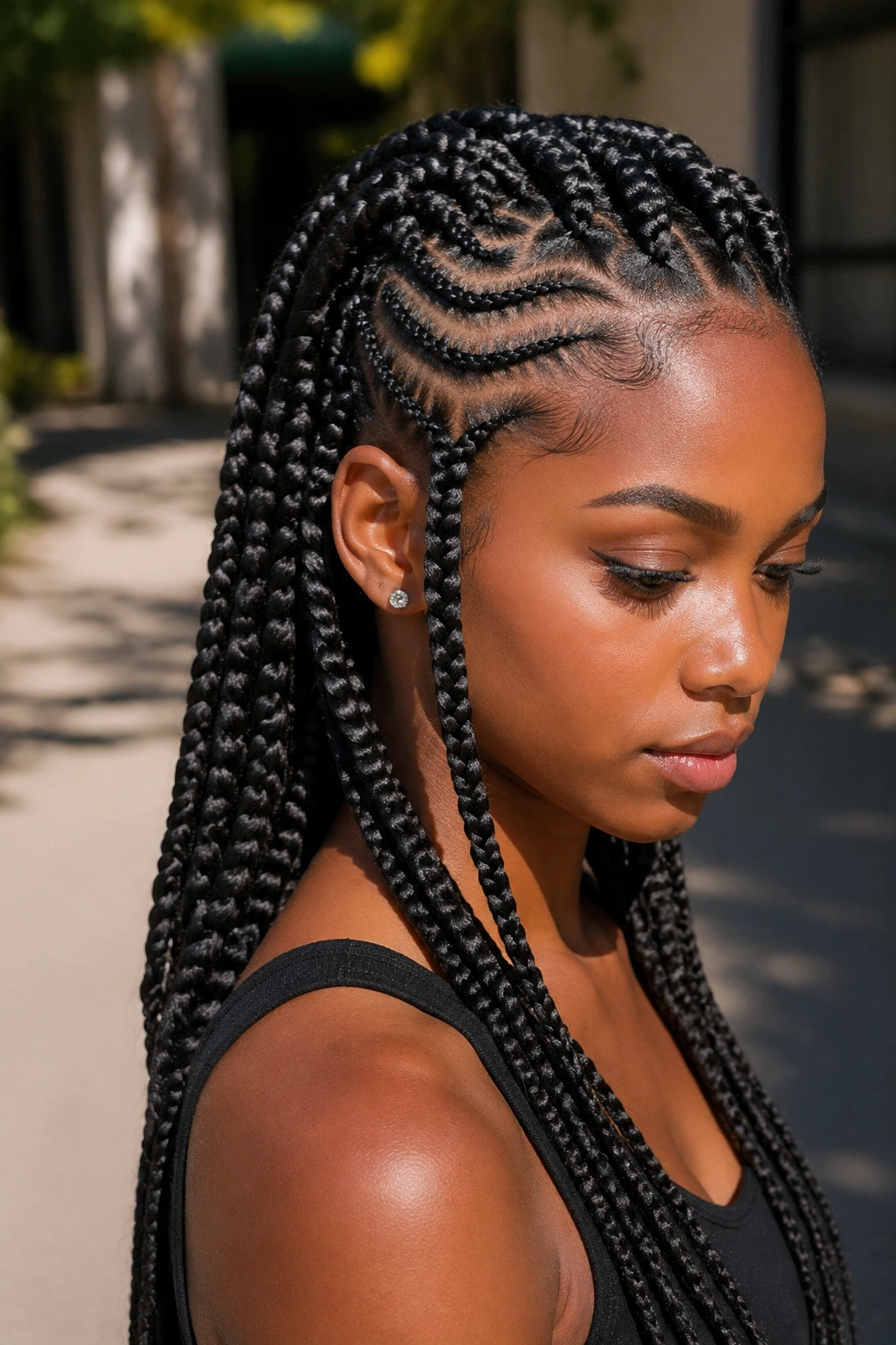 Close-up of a real person with tribal braids featuring front cornrows and hanging back braids