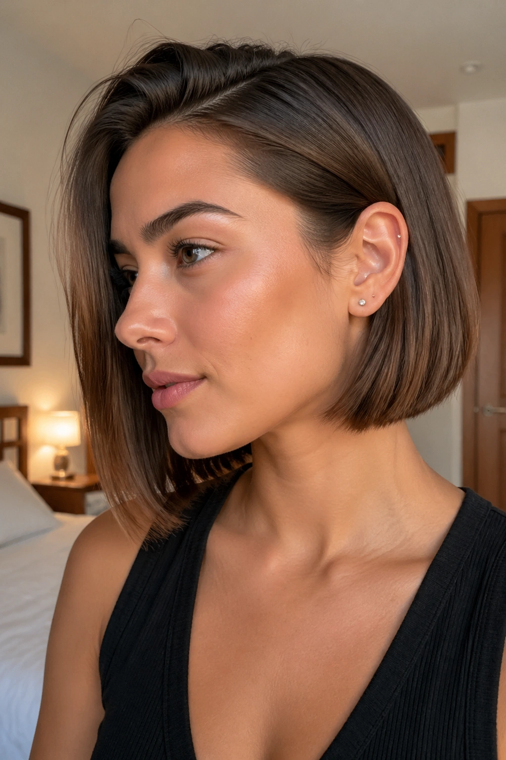 Real woman with tucked-behind-the-ear bob showing asymmetrical tuck