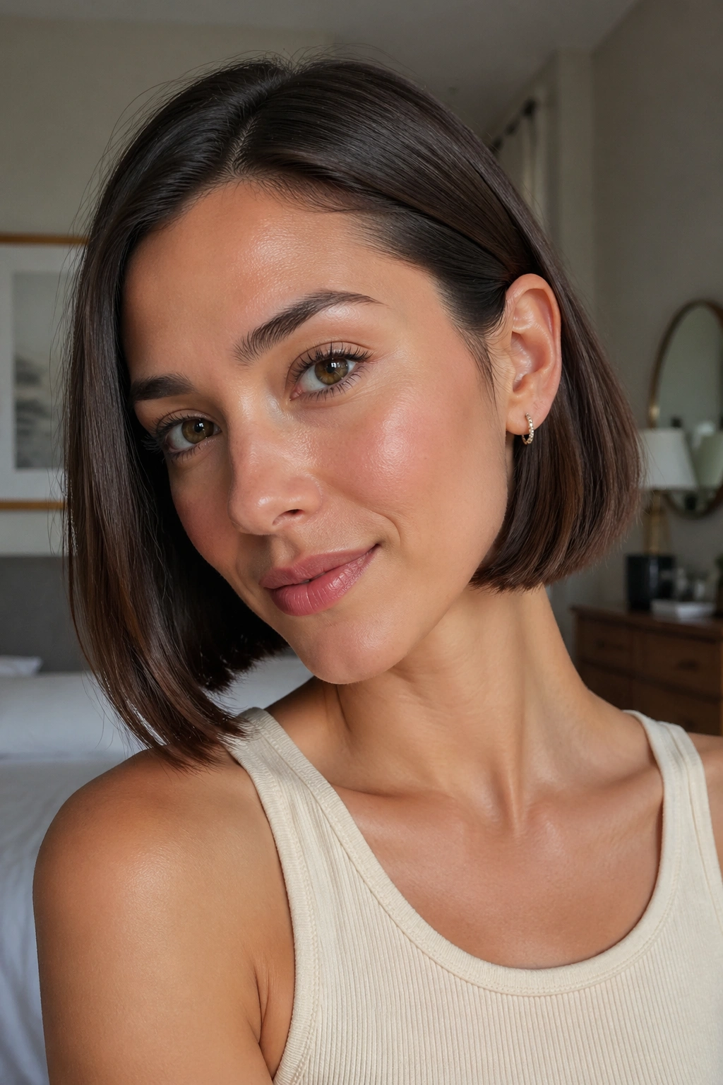 Close-up of a real woman's tucked-behind-the-ear bob with neat front pieces