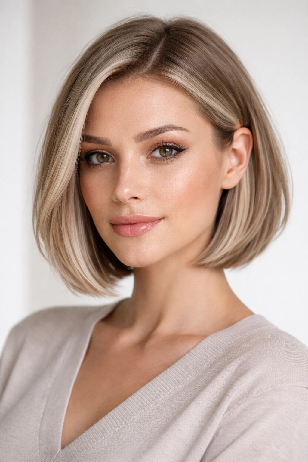 Bob tucked behind ears with bright contour highlights at temples