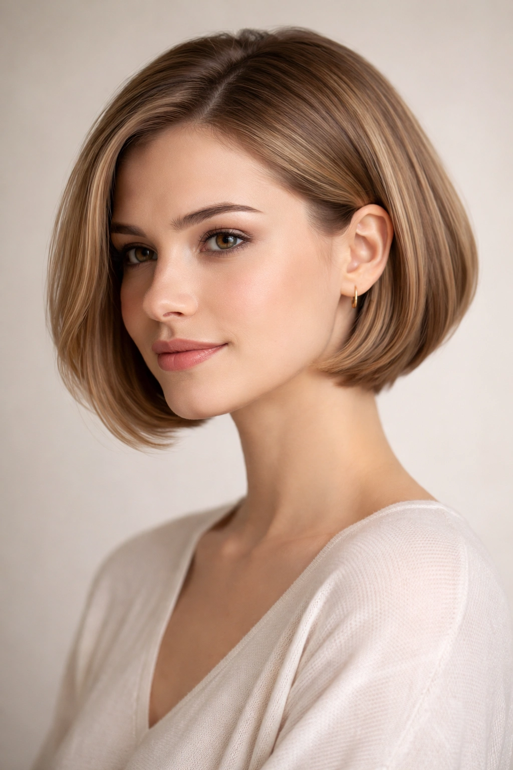 Close-up head-and-shoulders portrait of a tucked-behind-the-ears rounded bob with soft volume and cheekbone framing