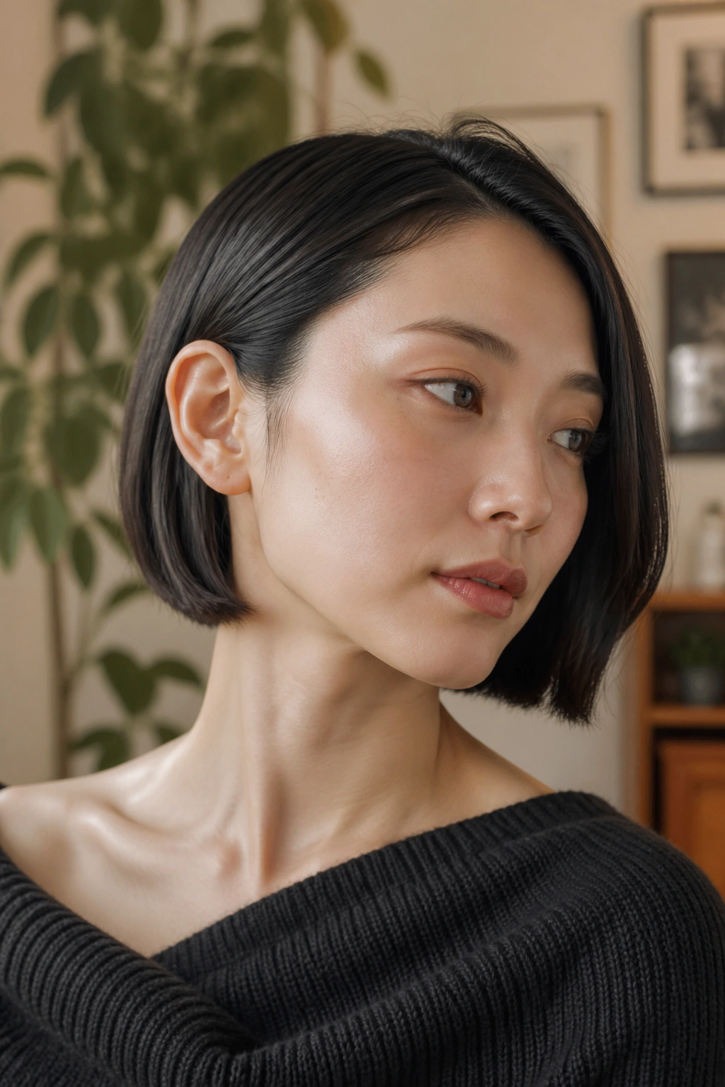 Close-up of real woman with tucked-behind-the-ear bob in warm apartment light