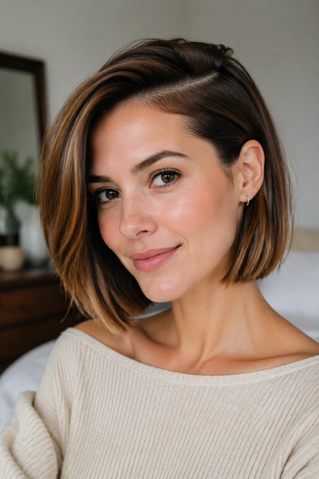 Close-up of a real woman wearing a tucked-bob with a deep side part, ear tuck highlighting the cheekbone