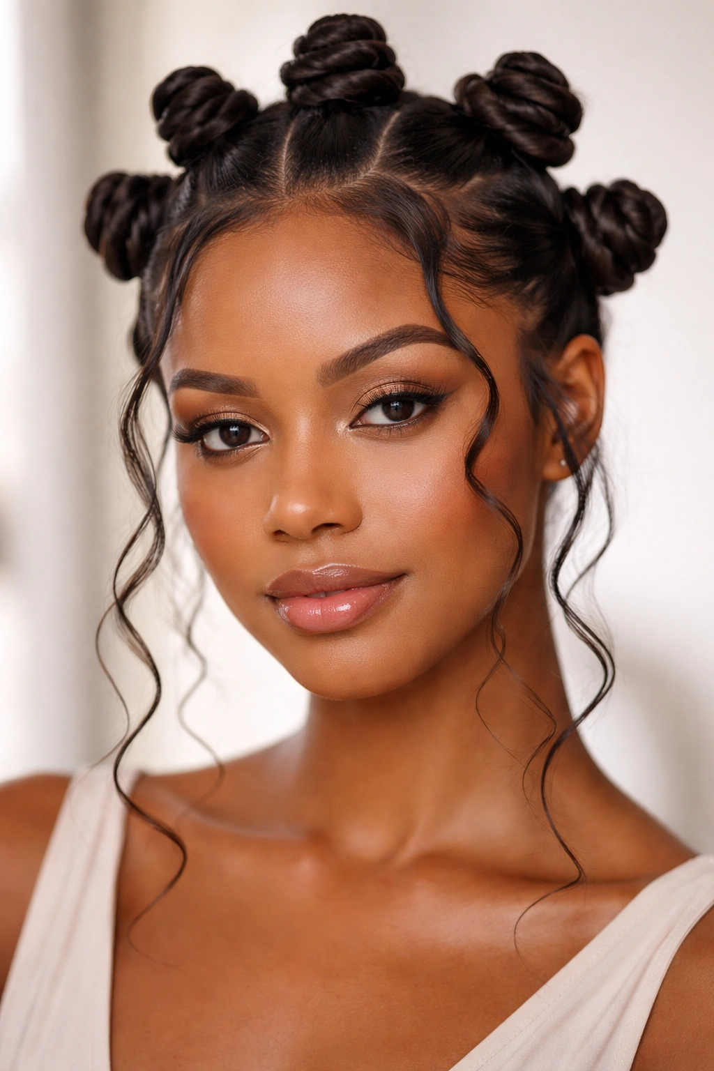 Bantu knots with tucked ends and soft face-framing tendrils