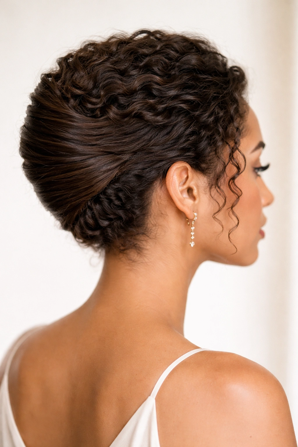 Tucked French roll with curls tucked neatly and pins hidden.