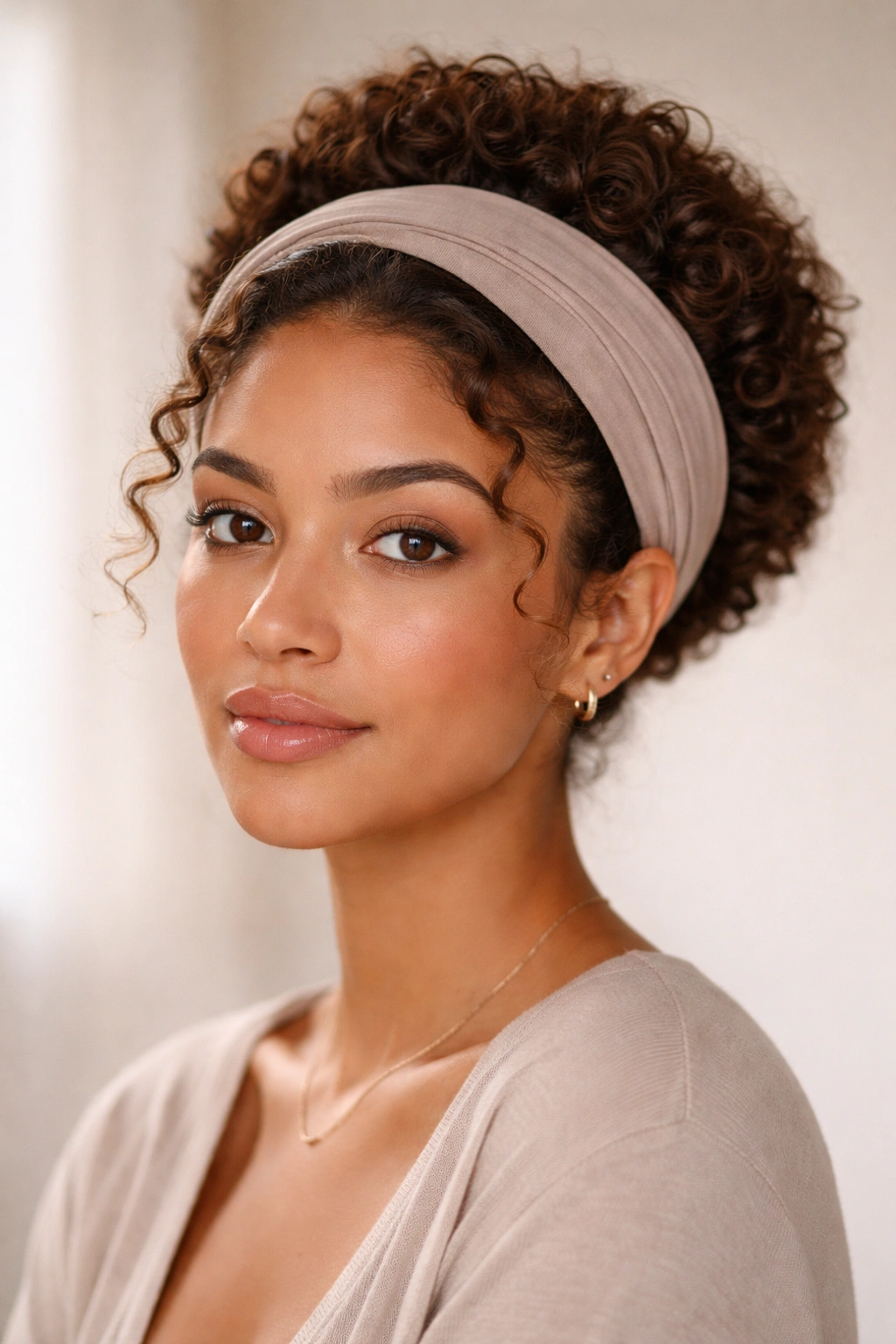 Close-up of tucked headband roll hairstyle on damaged curls with smooth edge around hairline