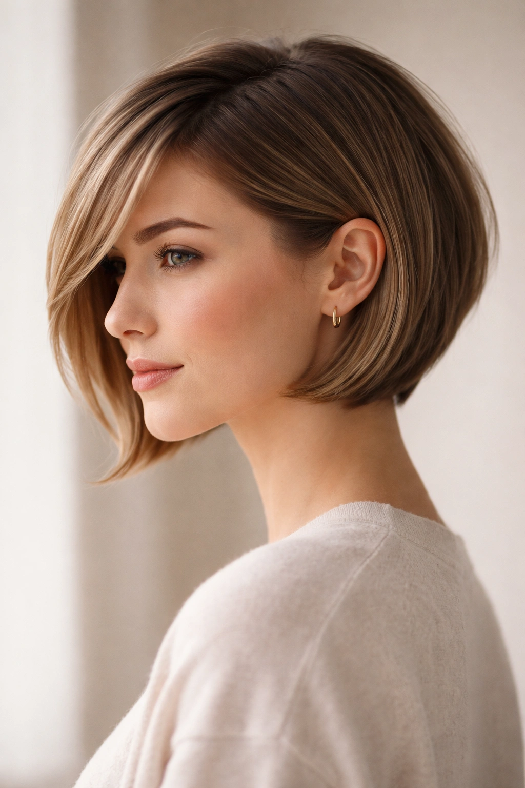 Tucked-in bob with long side bangs tucked behind the ear