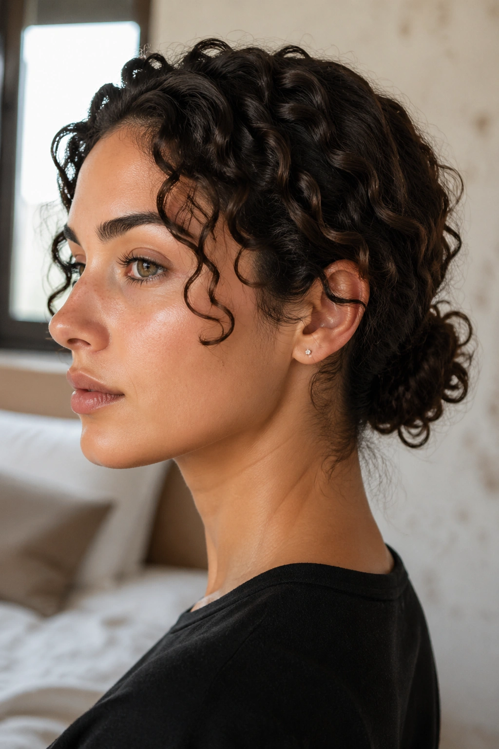 Close-up of real woman with a tucked low bun for short curly hair in natural light