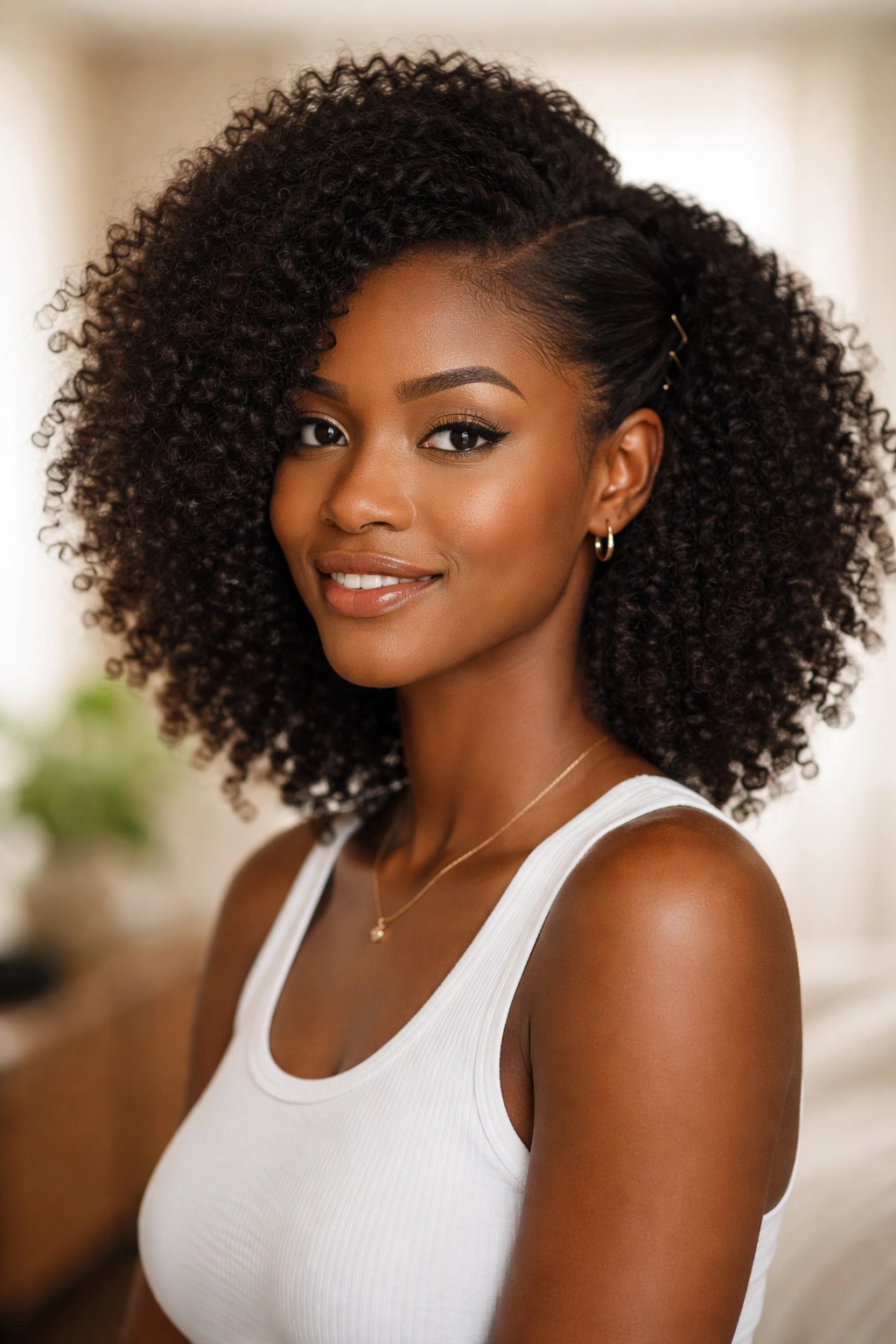 Side swept afro with tucked side hidden pins