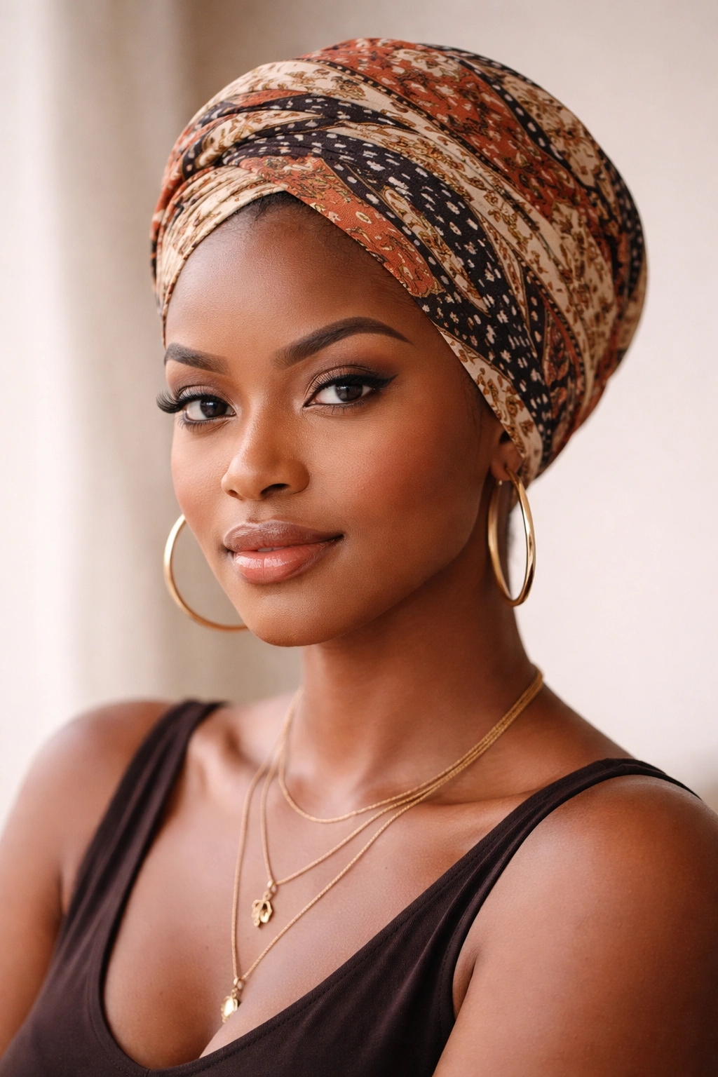 Person wearing a tucked turban wrap with hair tucked underneath and smooth front