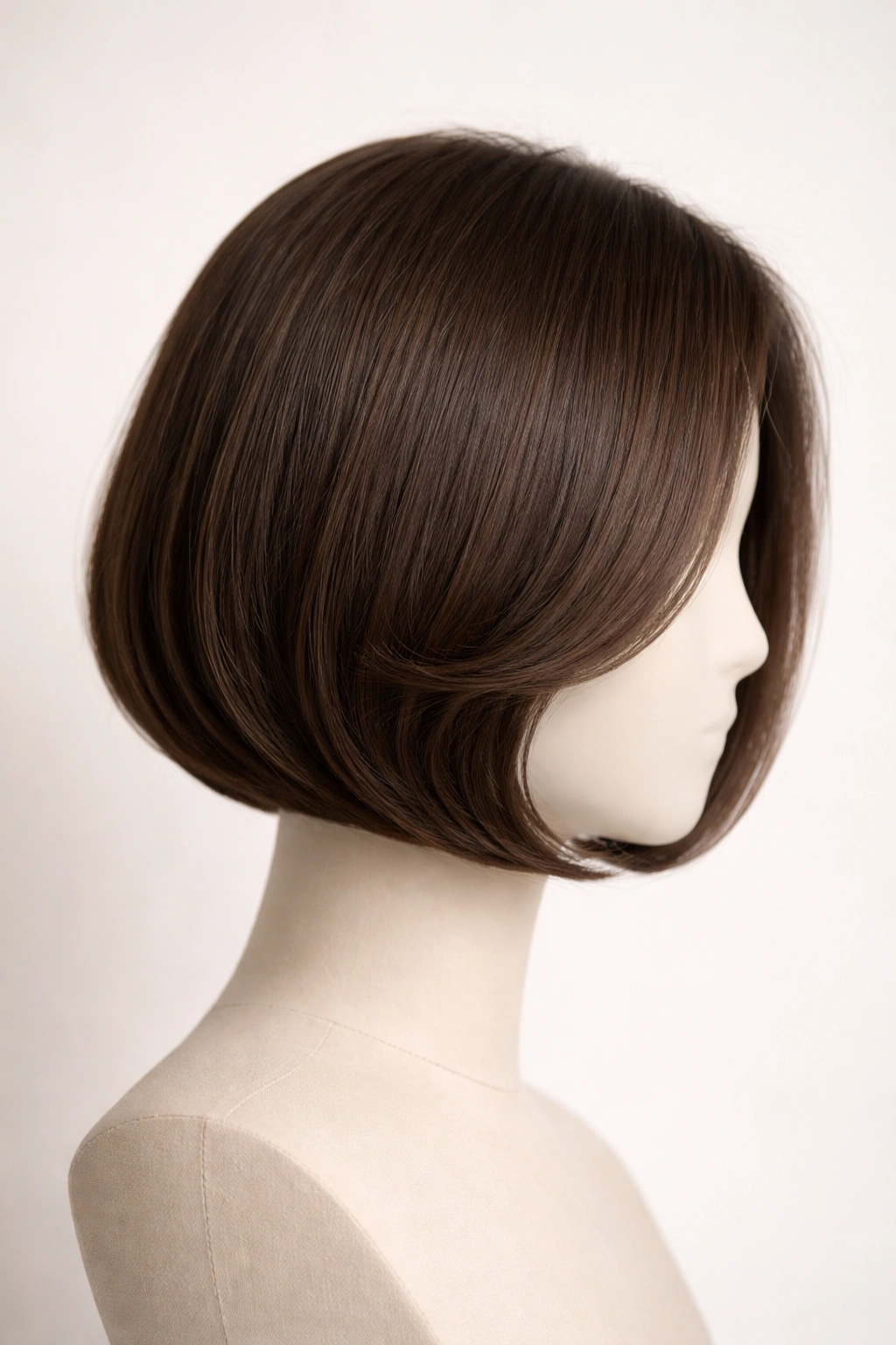 Close-up of a chin-length tucked-under bob with polished ends on a mannequin head in a neutral studio setting