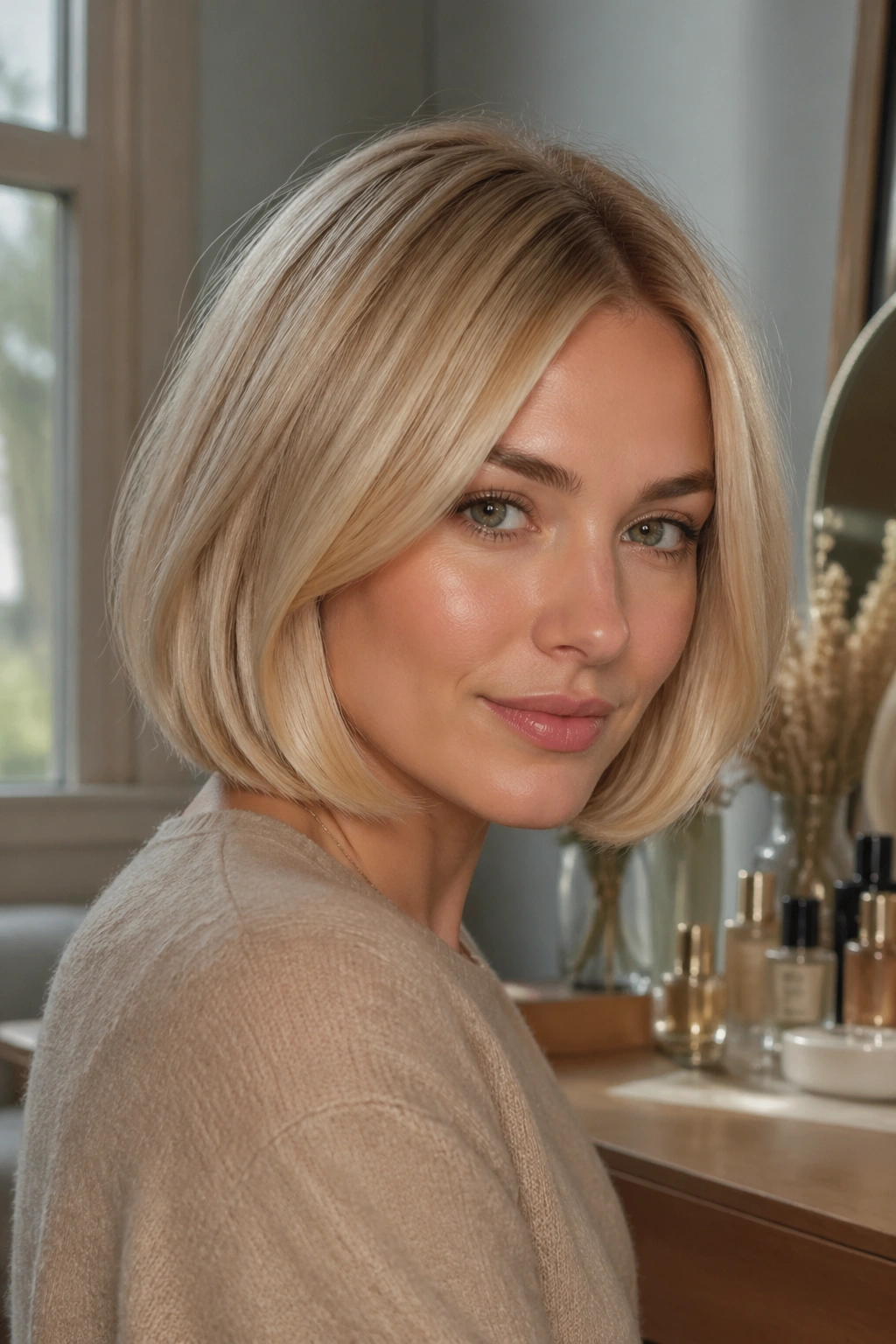 Close-up portrait of a real woman with a tucked-under champagne-blonde bob in soft warm lighting